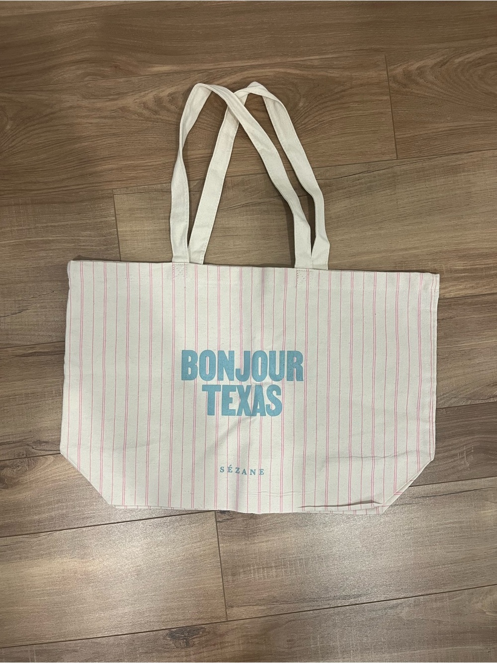 Sezane Bonjour Texas Canvas Tote in Cream with Pink Stripes and Blue Print